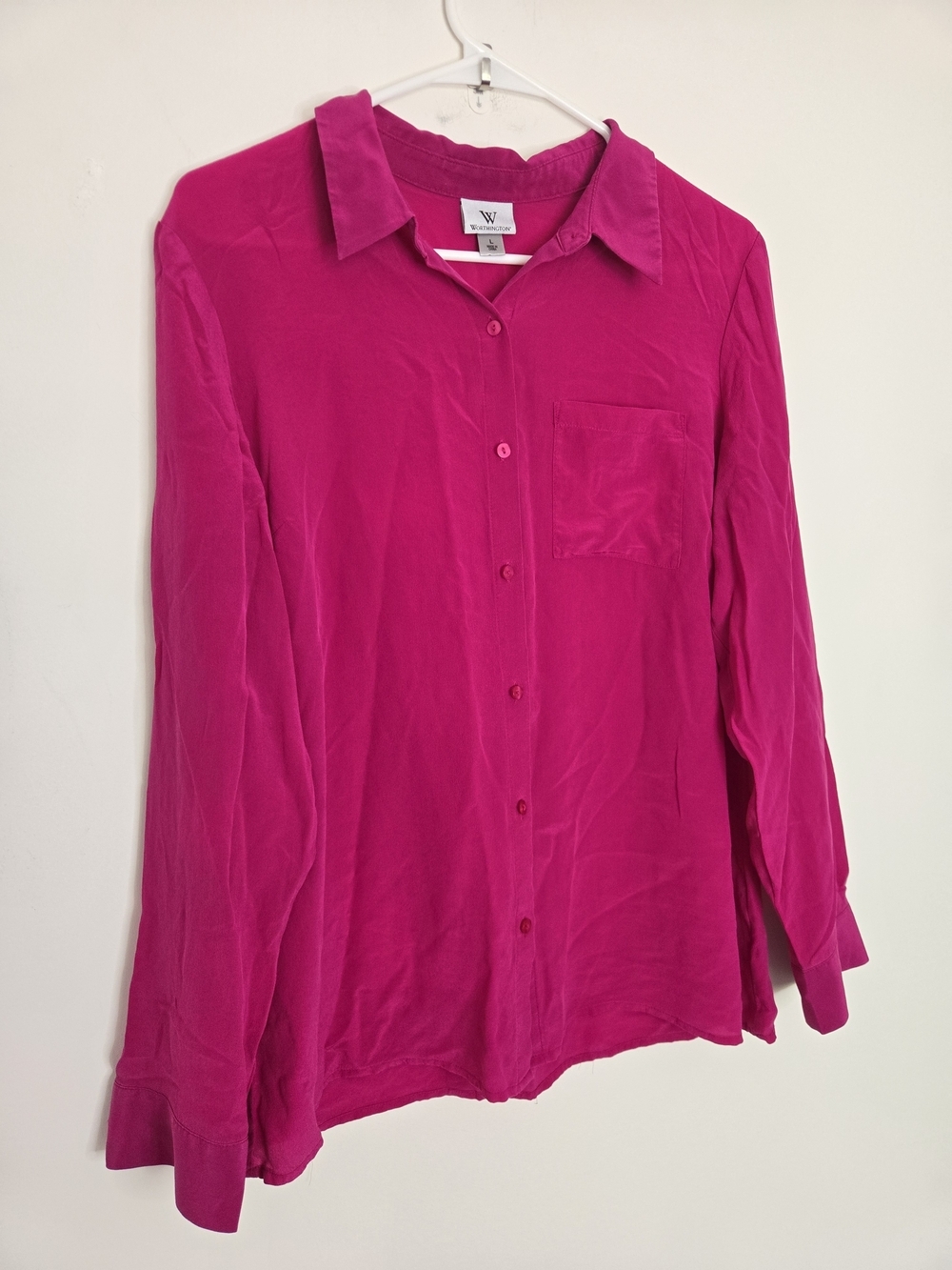 Worthington 100% Silk Magenta Pink Button Down Shirt Classic Size Large